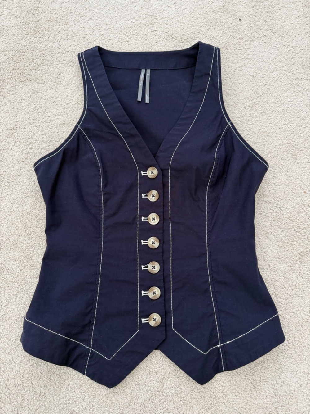 Anthropologie Halsey Navy Button-Front Slim Fit Vest, Contrast Stitching, XXS